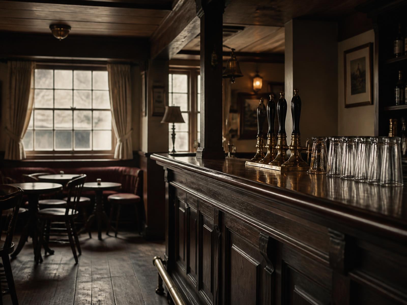 A quiet traditional British pub interior in late afternoon light
